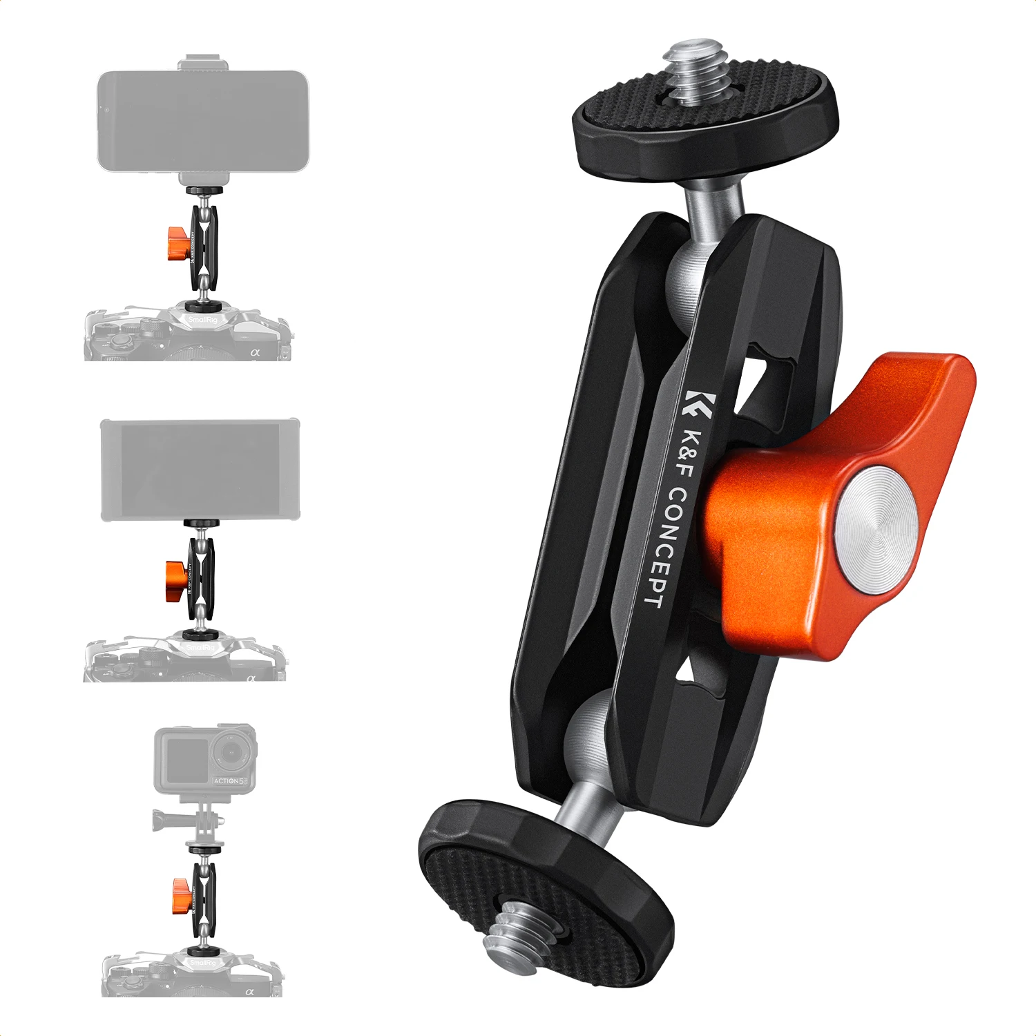 K&F CONCEPT Dubbele Kogelkoppen Magic Arm Articulerende Mini Magic Arm met 1/4" Schroef 360° °   Draaibare camerabevestigingsarm van aluminiumlegering