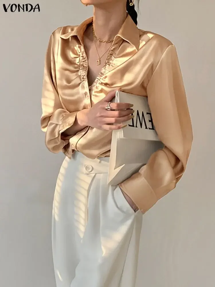 

2025 VONDA, элегантная женская рубашка с длинным рукавом, атласная осенняя сексуальная плиссированная офисная женская рубашка с v-образным вырезом, Blusas, однотонные топы Femme
