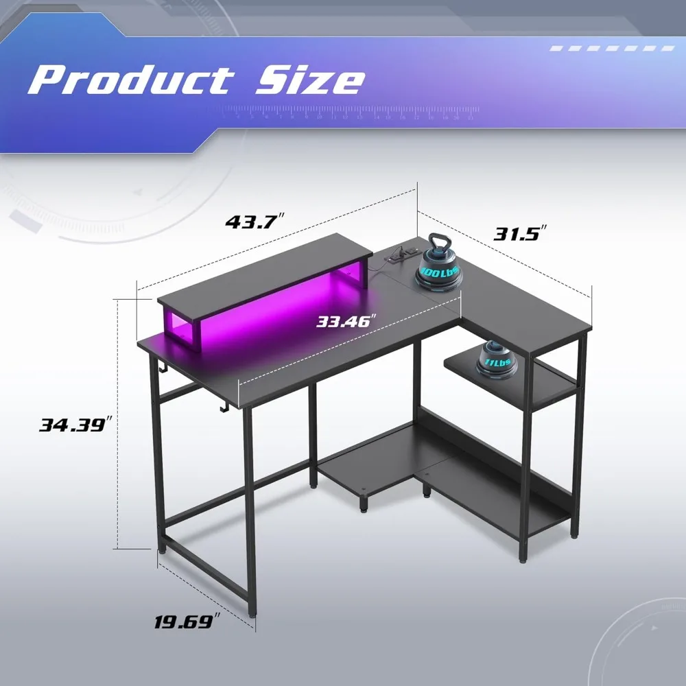 Escritorio para juegos en forma de L de 43 pulgadas con iluminación LED con tomas de corriente para espacios pequeños, escritorio esquinero para computadora para una configuración de PC resistente