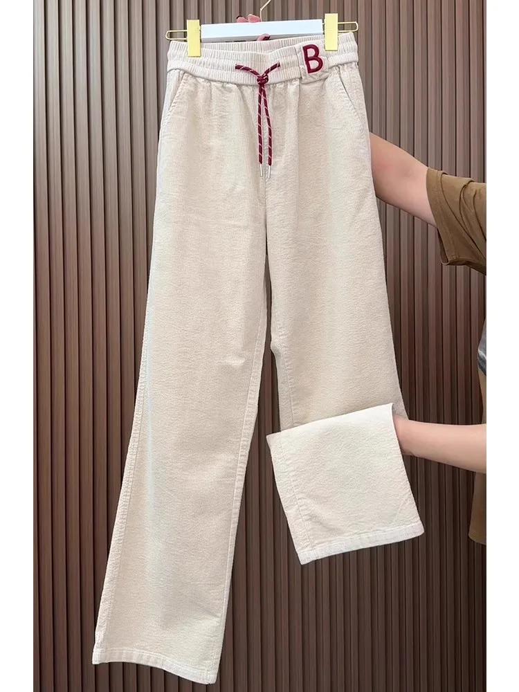 Zimowe sztruksowe spodnie z szerokimi nogawkami damskie nowe luźne sznurowane proste spodnie dresowe modne Y2k wielokolorowe spodnie z wysokim stanem plus size