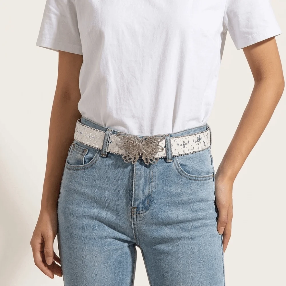 Sweet Sequins Butterfly Belt Hip Hop Punk Wide Belt Jeans Decor Y2K Denim Waistbands Daily