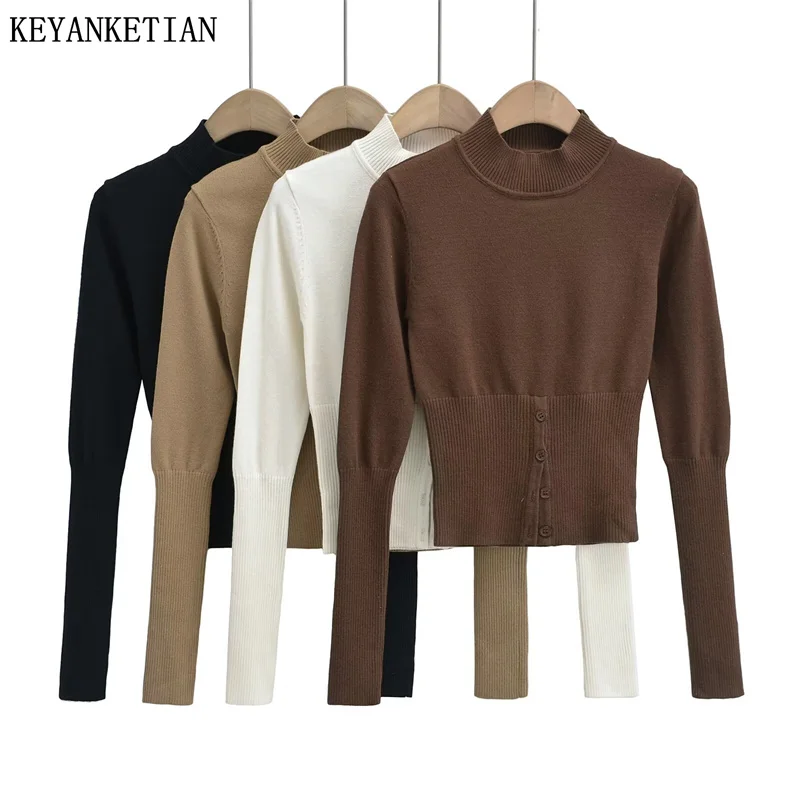 

KEYANKETIAN Winter New Women's Mock Neck Solid Pullover Short Sweater Fashion Simply Waist Buttons Decoration Slim Knitted Top