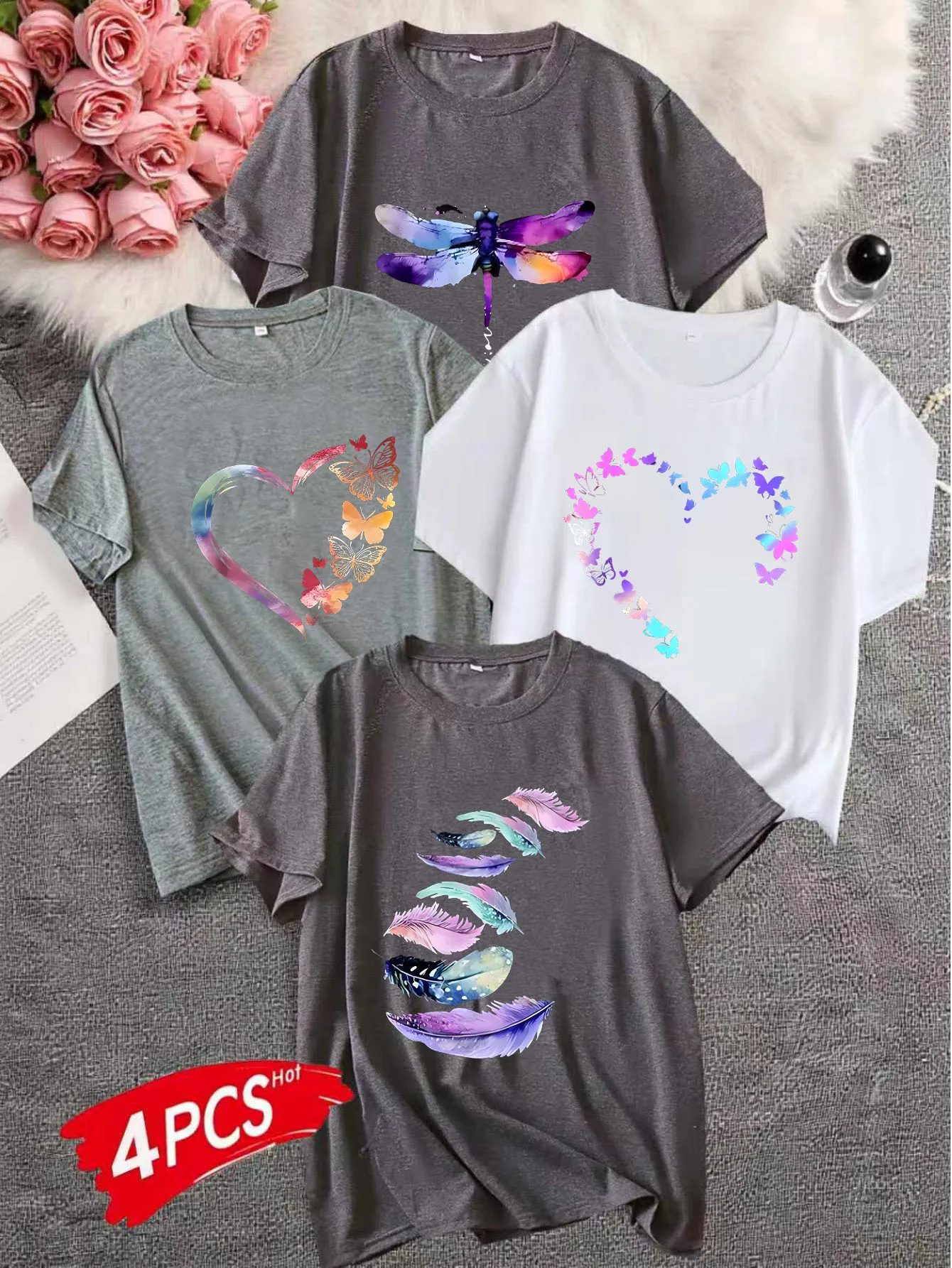 

（4pics）Women's Large Size 1-7XL Printed round Neck Short Sleeve T-shirt Comfortable Casual Top in European Style