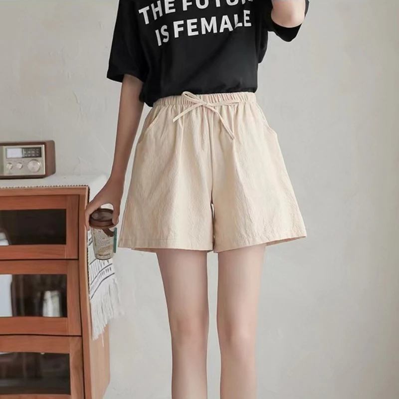 

Хлопковые льняные шорты с высокой талией, женские свободные утягивающие шорты, большие размеры, тонкие повседневные брюки с эластичной резинкой на талии, летняя мода