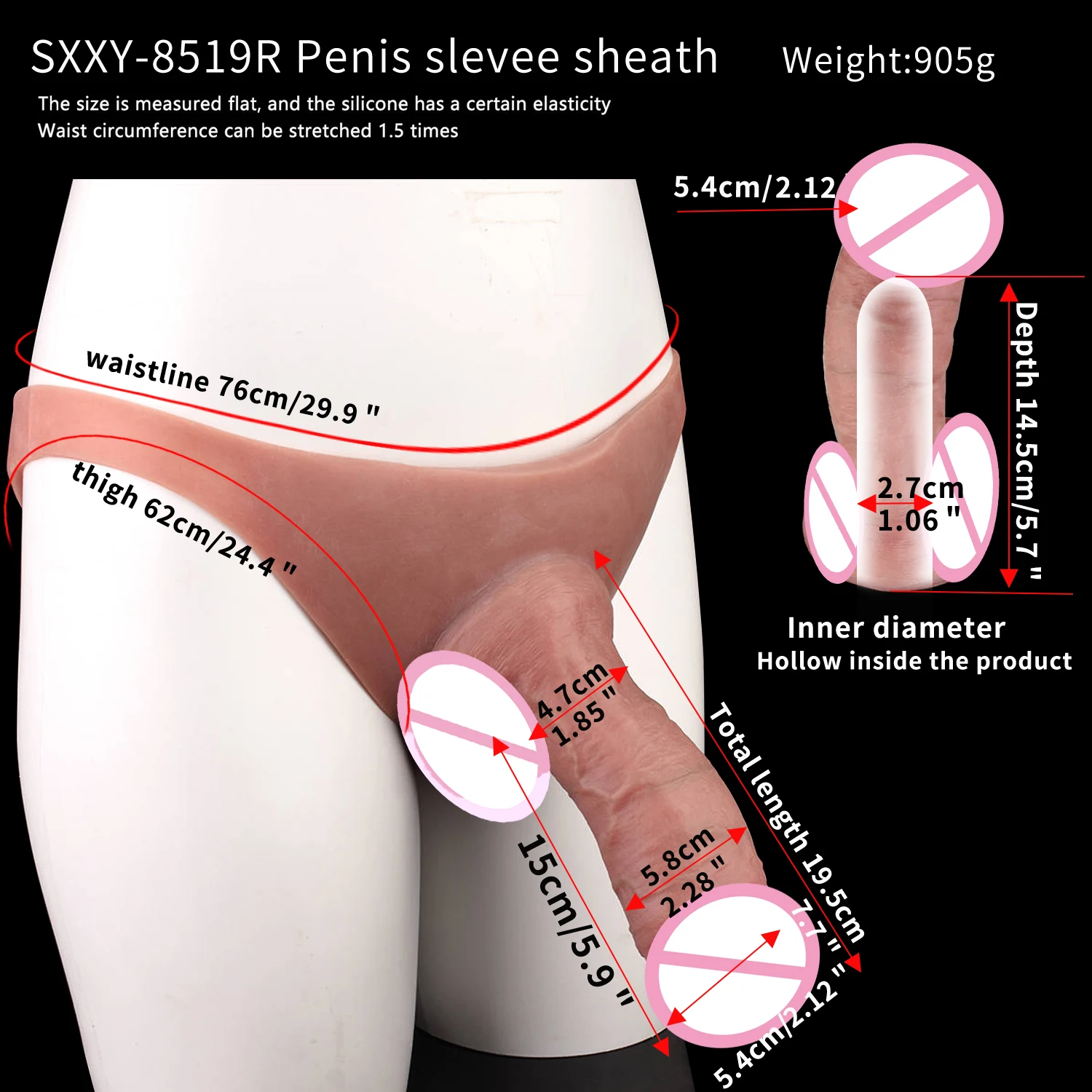 SXXY 7.68'' Large Strap-on Hollow Dildo Pants Silicone Male Wearable Penis Sleeve For Men Delay Ejaculation Reusable Condom Sex