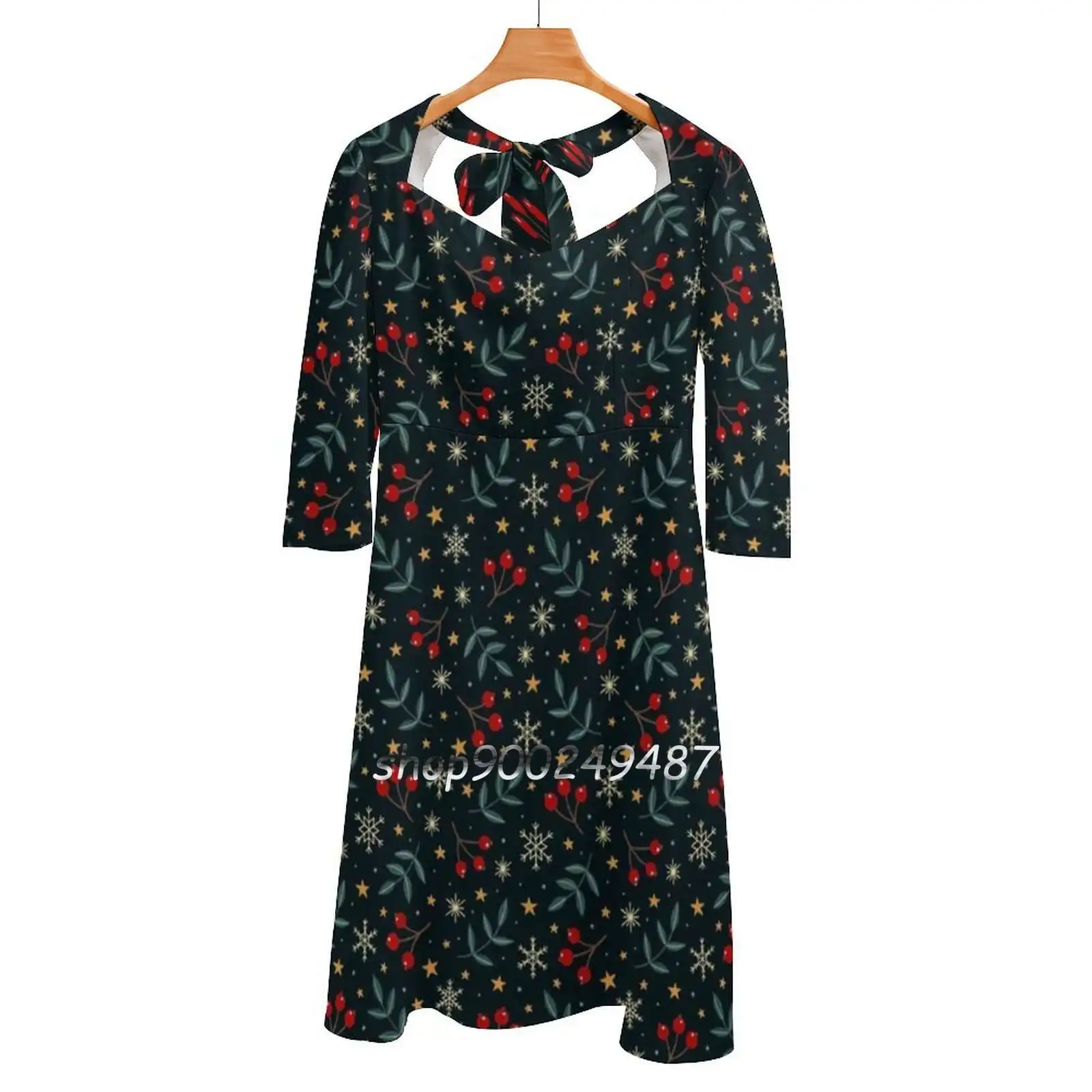 Winter Magic Square Neck Dress Sweet Summer Dress Women Elegant Halter Print Dress Gouache Winter Berries Berry Leaves Leaf