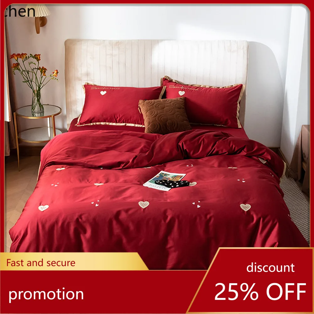 

HXL Red Wedding Style Exquisite Embroidered Long-Staple Cotton Bedding Four-Piece Set