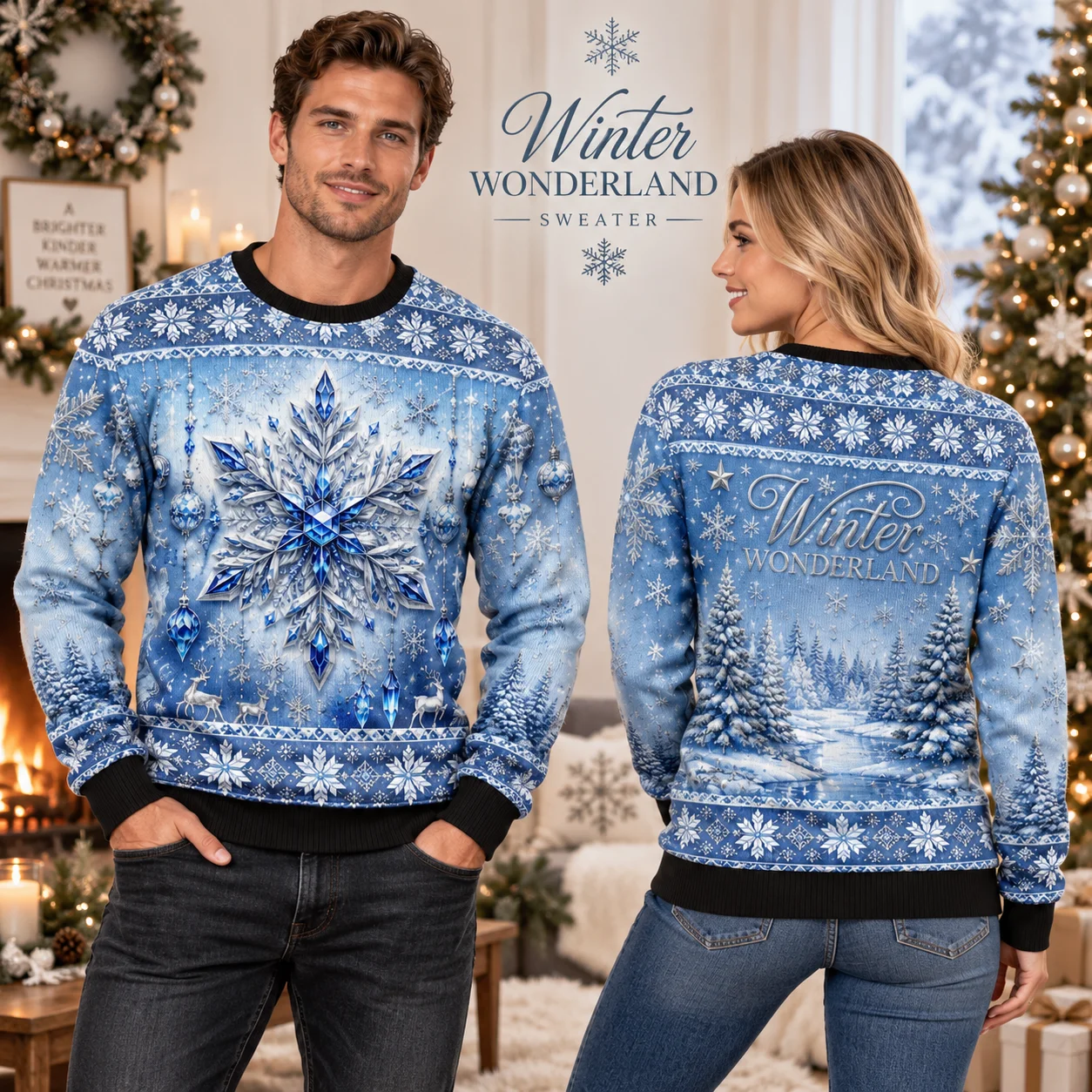 Winter Wonderland Ugly Christmas Sweater, Blue Snowflake Holiday Sweaters For Men Women With Icy Forest Christmas Art