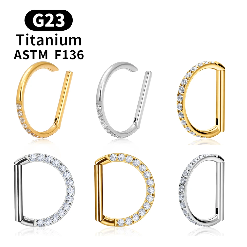 1/10PCS F136 G23 Titanium Piercing Nose Ring D Shape Hinged Segment CZ 16G Clicke Cartilage Tragus Helix Earrings Body Jewelry