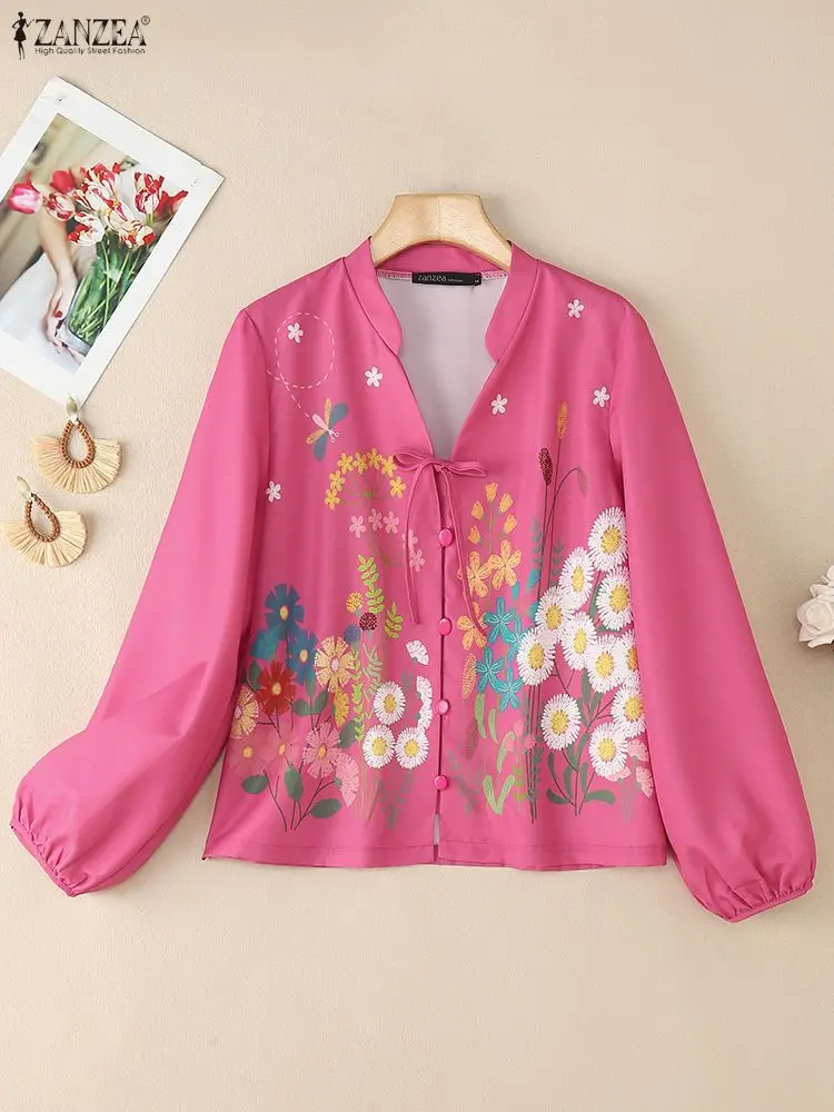 

2025 ZANZEA Autumn Long Sleeve Floral Printed Blouse Women Tops Elegant Stand Neck Work Shirt Casual Lace-Up Blusas Tunic Mujer