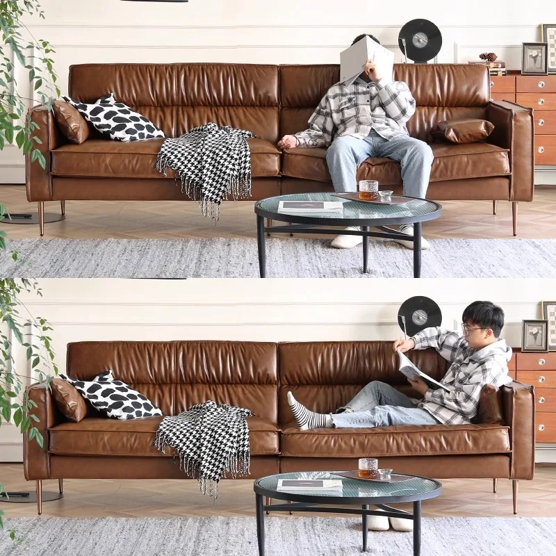Italian minimalist retro light luxury simple leather art living room straight sofa