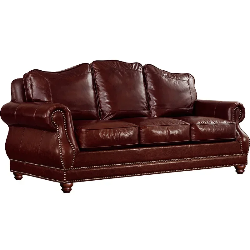 

Retro leather sofa, living room combination brown Italian minimalist small apartment American country first-layer cowhide sofa