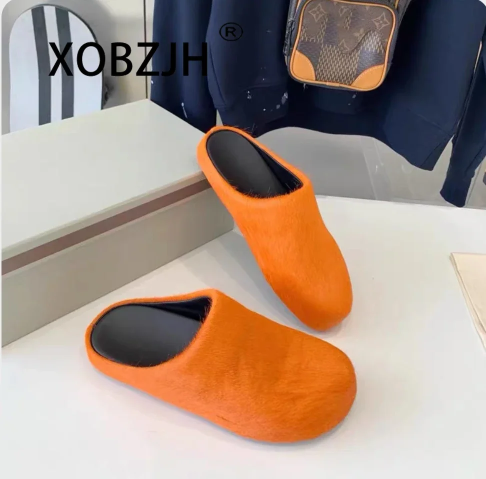 Italy Real Leather fur Slippers Women Mule Runway Flats Thick Sole Leisure Luxury Designer Brand 2024 Horsehair Shoes Slides