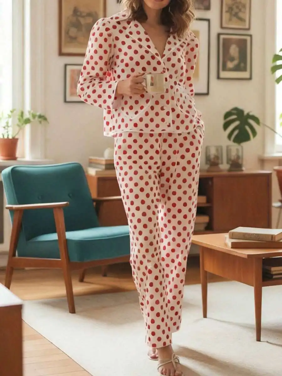 

Womens Polka Dot Pajama Set Long Sleeve Lapel Shirt With Pockets Elastic Waist Pants Soft Loungewear Sleepwear
