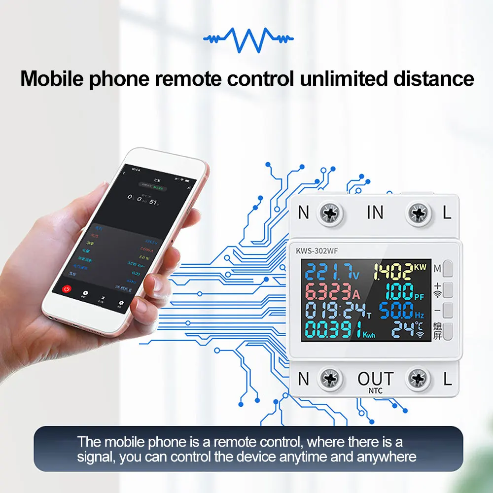 63A Tuya WiFi 8in1 Power Meter 170-300V 2P Rail AC Energy Meter Mobile Phone Remote Control Multifunctional Guide Voltage Ammete