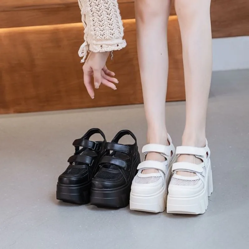

2026 11cm Air Mesh Genuine Leather Breathable Hook Pumps Summer Ankle Boot Mary Jane Platform Sandals Chunky Heels Casual Shoes