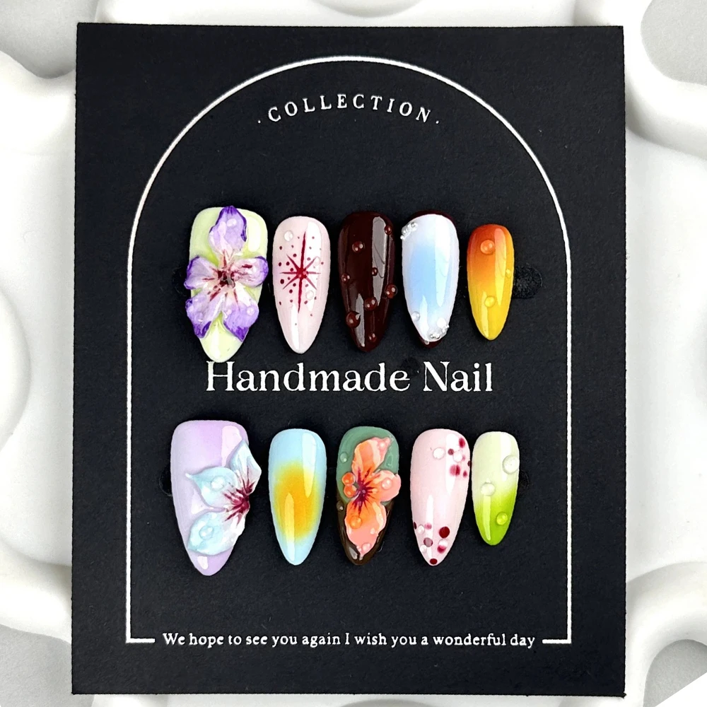 

Нажмите на ногти ручной работы, 3D цветок, декор в виде водяного шара, резной градиент, накладные ногти, носимые накладные ногти, градиентный кристалл, миндальный наконечник