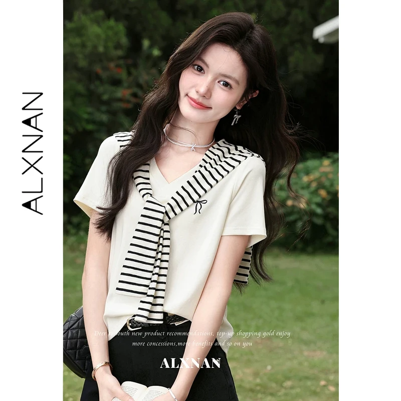 

ALXNAN V-neck Short Sleeve T-shirt Summer New Casual Loose-fit Elegant Bow Embroidery T-shirts Women with Striped Shawl L65062