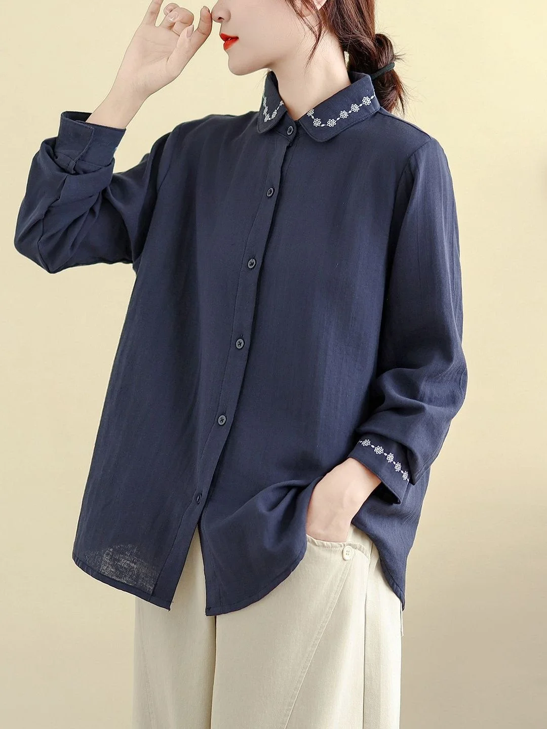 

Artistic Embroidered Double Layer Cotton irt Large Size Women's Casual Long Sve Turn-down Collar Open Cardigan Spring 2026