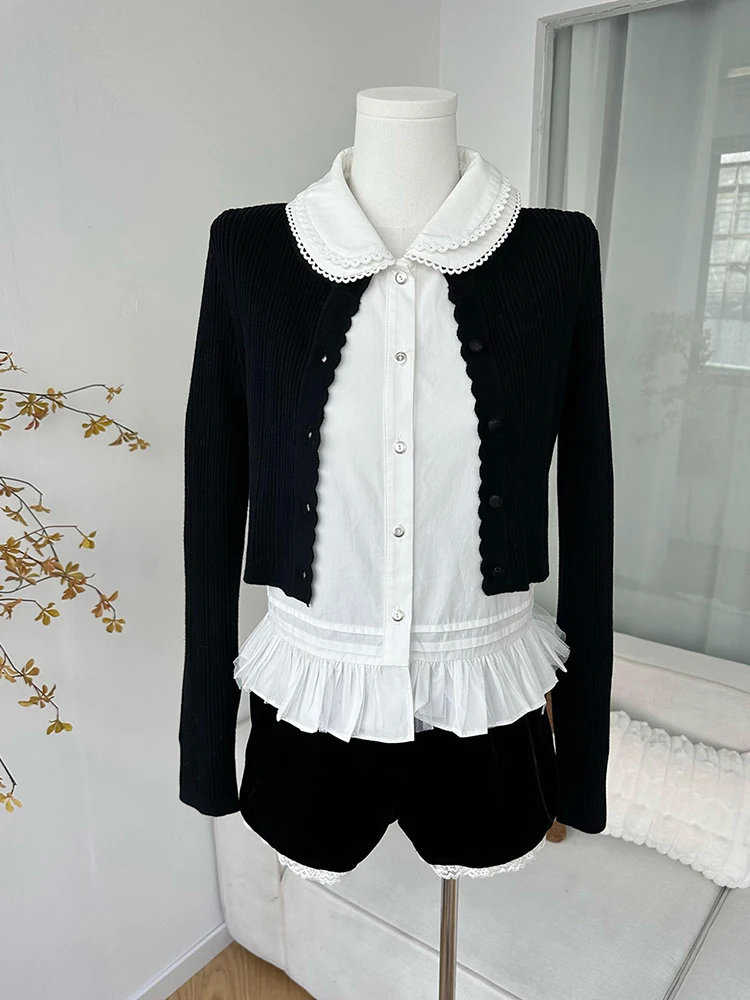 Blaレーストリム刺繍ドールカラーロングスリーブ女性用ファッションセットツーピーススーツ秋2025新作スレエレ