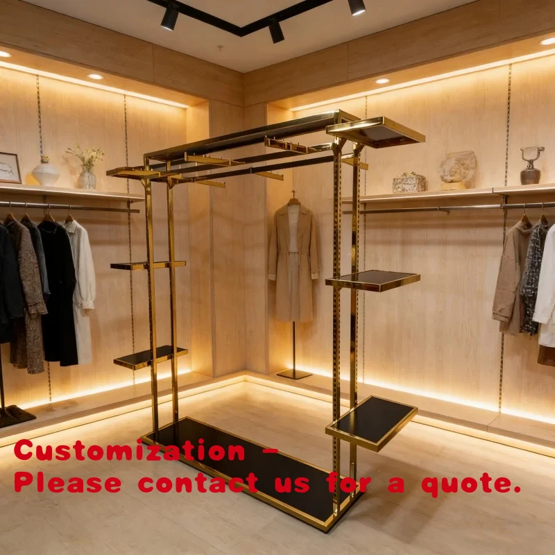 

custom.Stainless Steel Golden Heavy Duty Garment Z Rack Adjustable Clothing Rack with Shelf Hanging Clothes