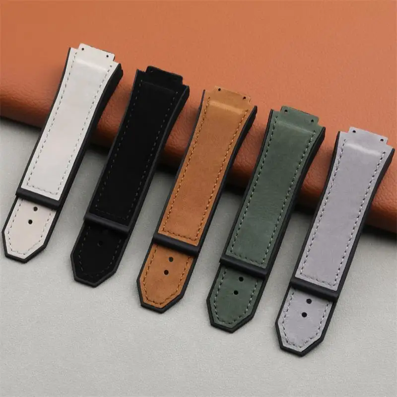 HAODEE Soft Nubuck Leather With Rubber Watchband For HUBLOT Strap For King Power Series 29x19mm Men's Chain Wristband