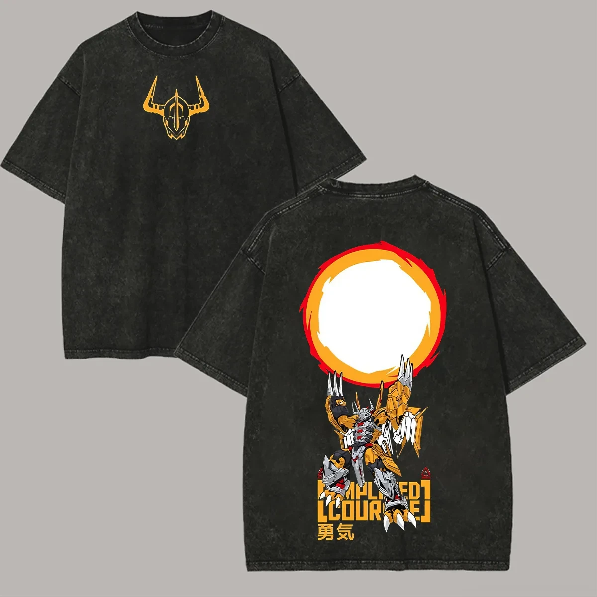 WarGreymon Gaia Force T-Shirt Herren Digimon Agumon Vintage Acid Wash Streetwear Übergroße Retro Anime Grafik Baumwoll-T-Shirts