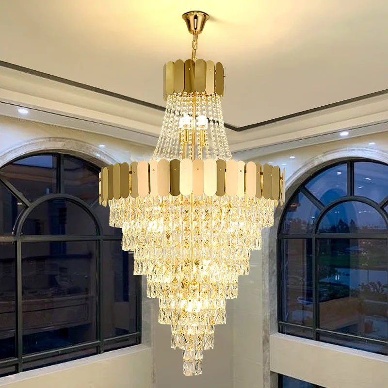 

High Ceiling Living Room Lamp Hotel Lobby Villa Staircase Luxury Gold Crystal Large Chandelier High Quality Shopping Mall Light