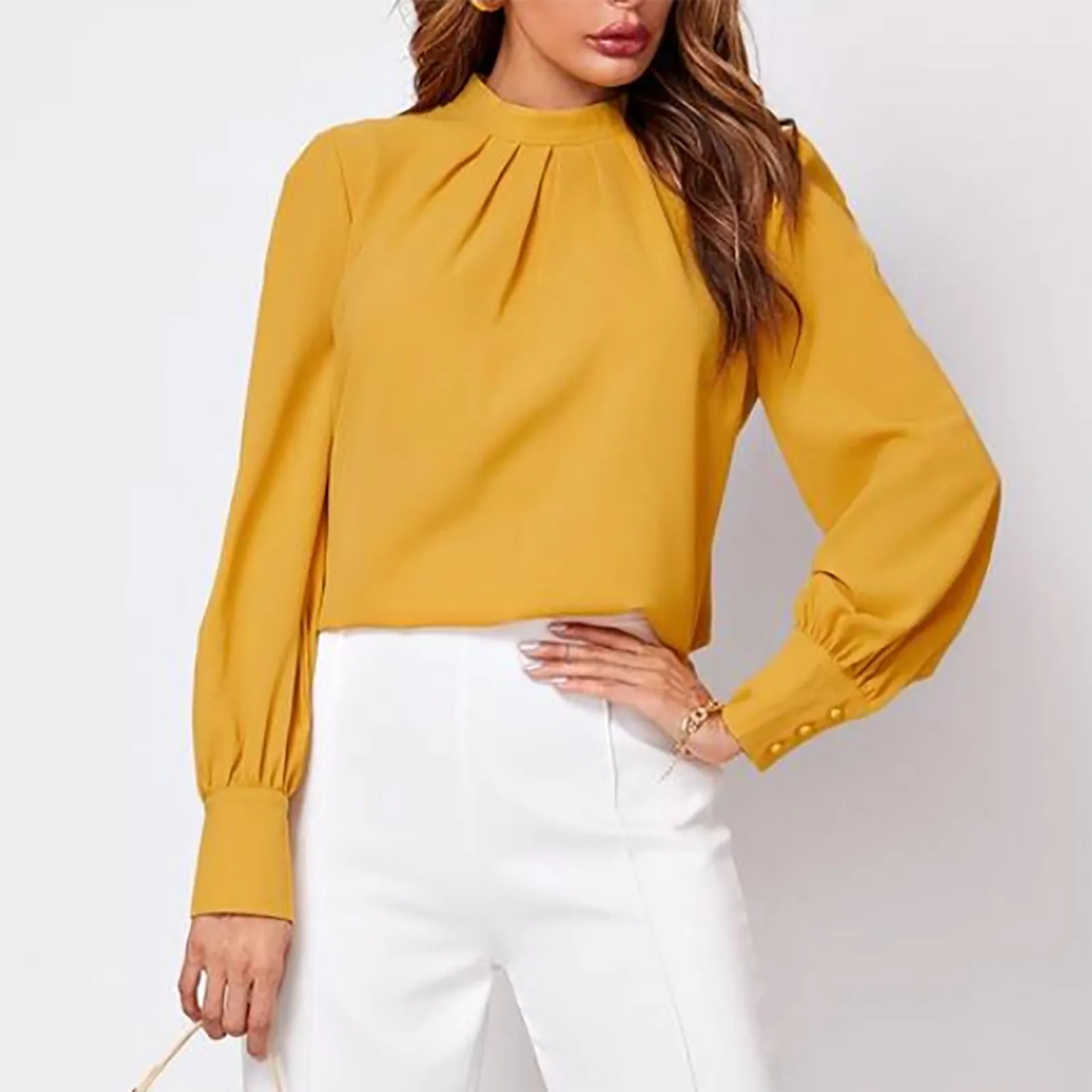 Blusa de manga larga plisada para mujer, camisa informal de cuello redondo, Color sólido, estilo Retro