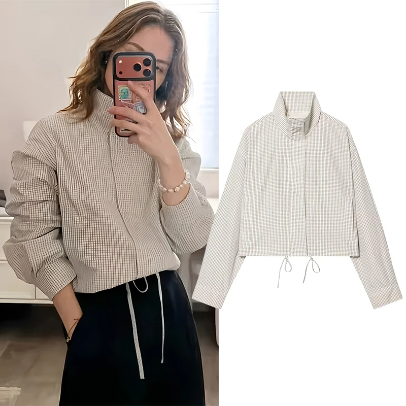 Women's Jackets Coats Spring New Fashion Plaid Stand Collar Long Sleeves Loose Coats Streetwear Female Outerwear Chic Tops