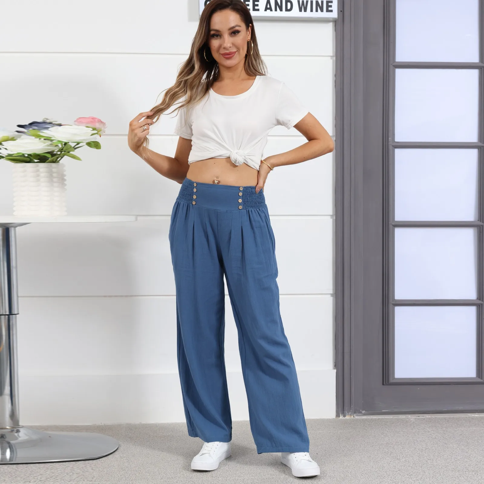 Pantalones de lino y algodón para mujer, Pantalón liso de cintura alta y pierna ancha, holgado, informal, de cáñamo, transpirable, para verano y otoño