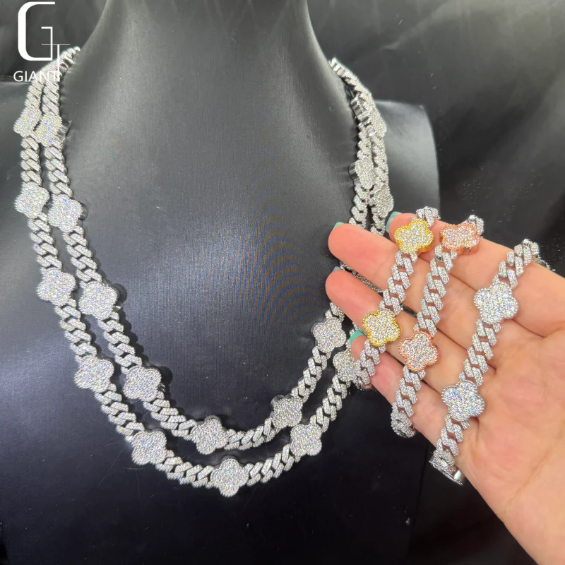 Moissanite Fashion Four Leaf Clover Chain 925 Silver Moissanite Necklace Mens HipHop Iced Out Moissanite Chain Past Diamond Test