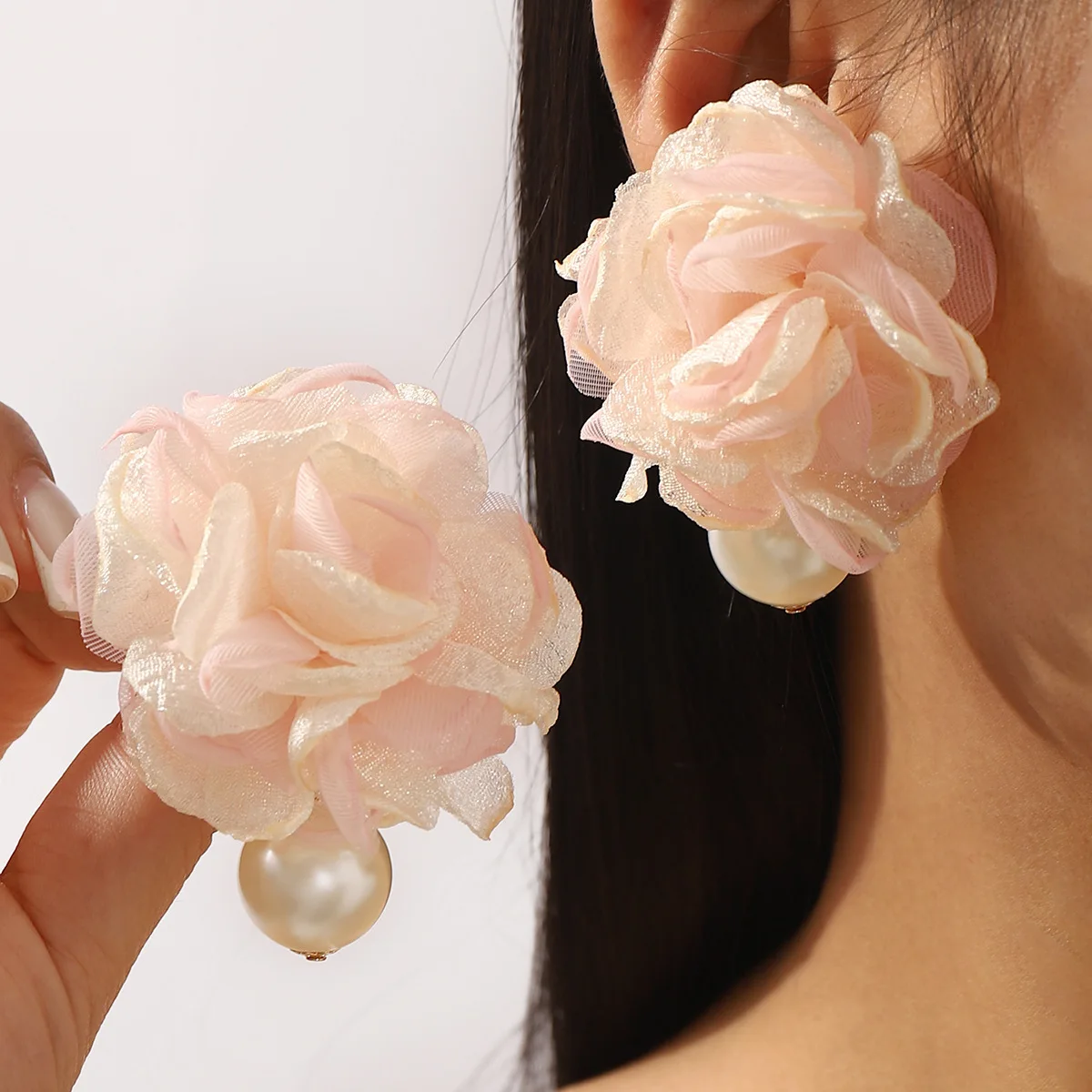Bold Burgundy Ruffled Fabric Rose Flower Stud Earrings Large Hanging Pearl Drop Romance Romantic Date Night Outfit