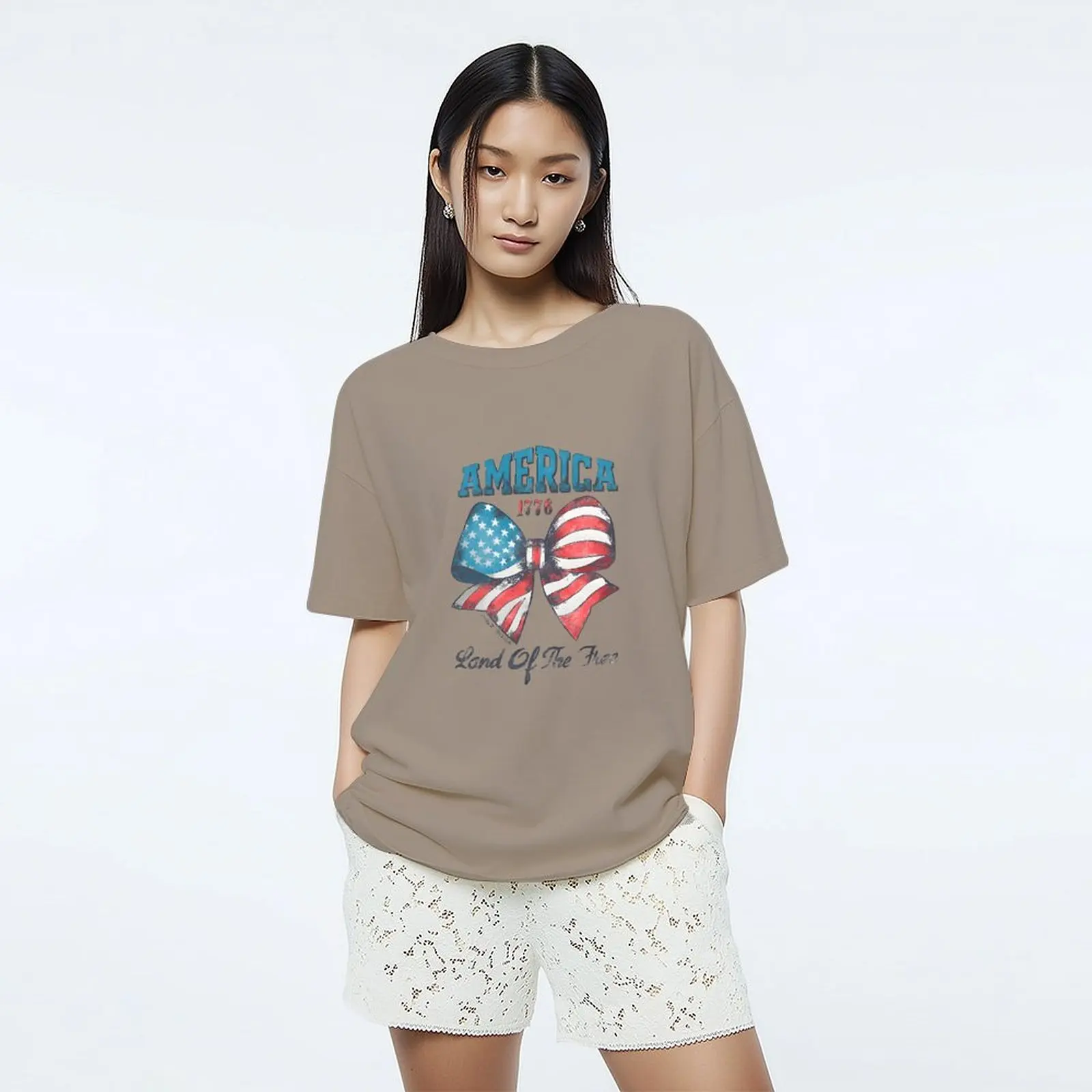 

Elegant Women's Minimalist Bow Print Crew Neck Short Sleeve Top T-shirt Korean Tops Female Casual Tee For Summer Spring Tops