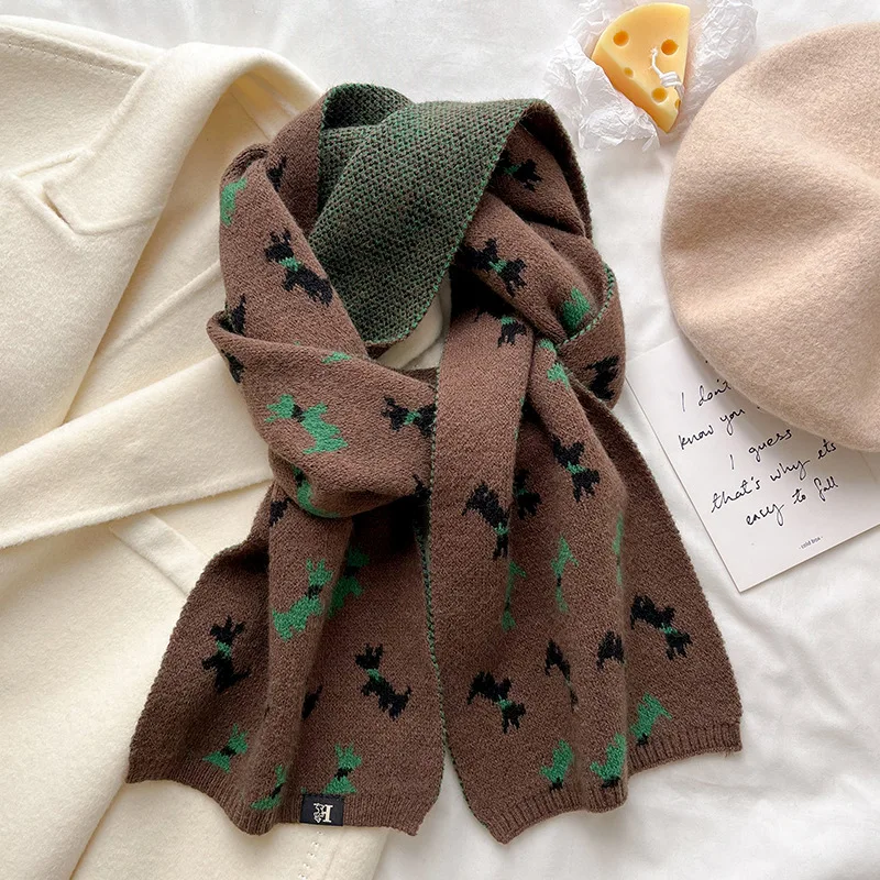 Autumn Winter Fashion Animal Dog Jacquard Knitted Scarf Soft Warm Ladies Long Plain Neckerchief