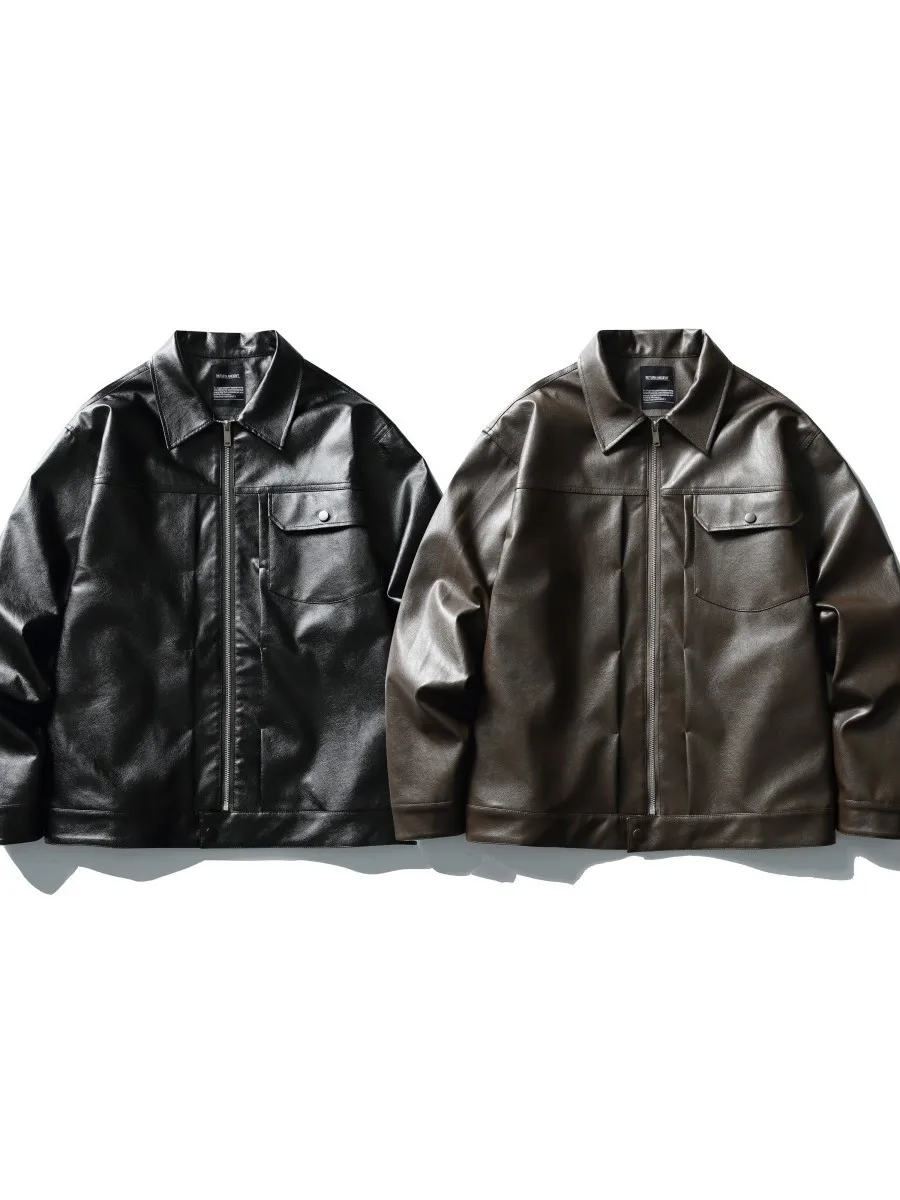 

Retro Japanese Style Casual Flip Collar Short PU Leather Jacket for Men Loose Motorcycle Jacket Stylish Outerwear