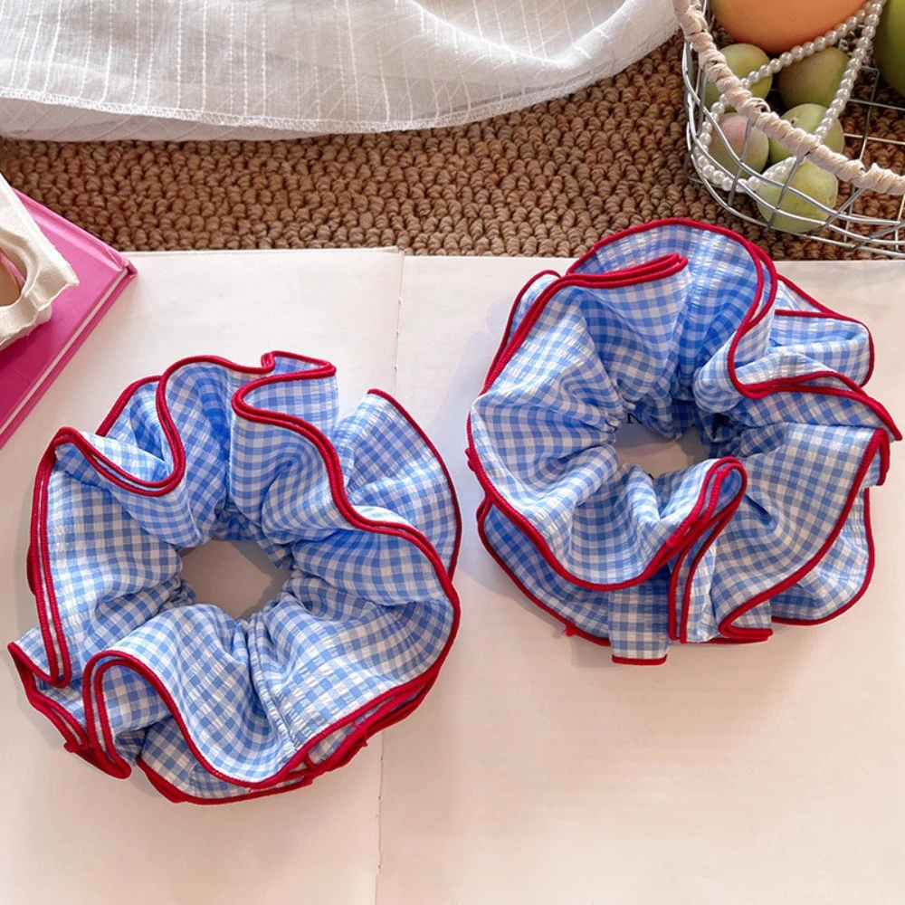 1pc Vintage Blue Checkered Big Scrunchies Red Edge Ruffle Cloth Hair Ties Cute Casual Hair Accessories for Teen Girls Ladies