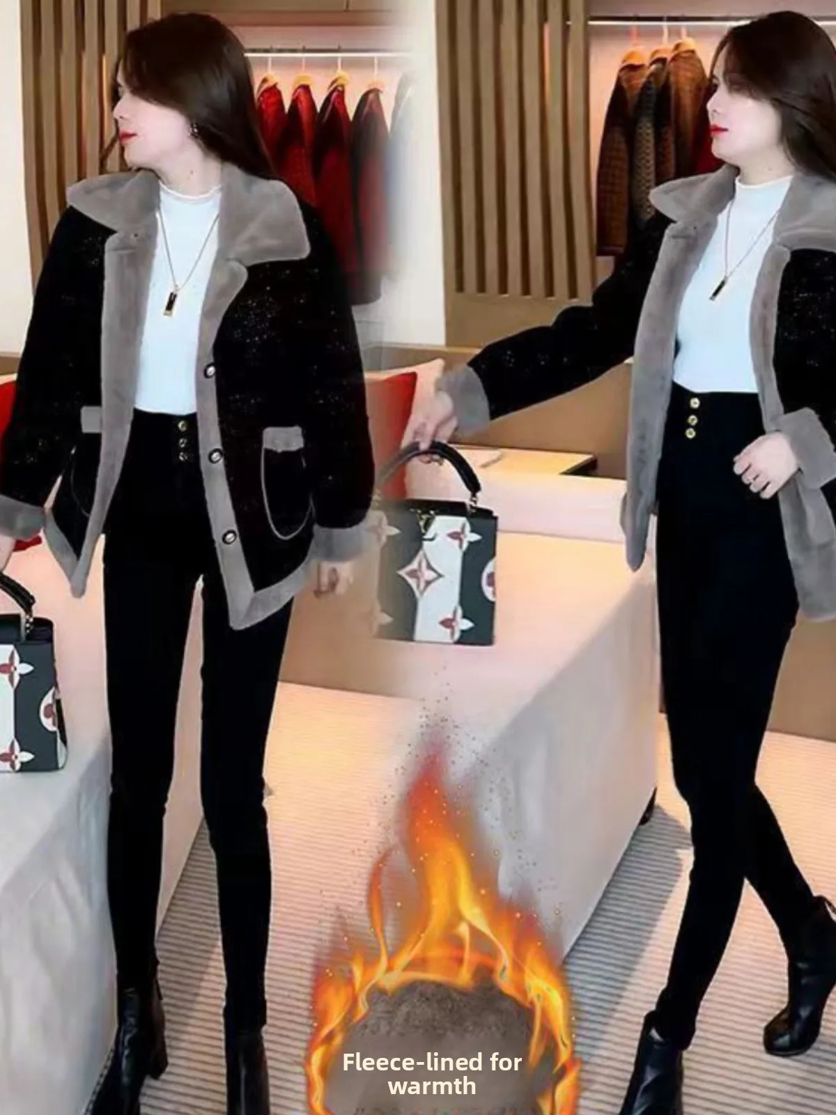 

Thickened Fleece Autumn Winter Women's Coat 2026 Fashionable Warm Woolen Coat Long Sleeve Button Closure Polyester Fiber