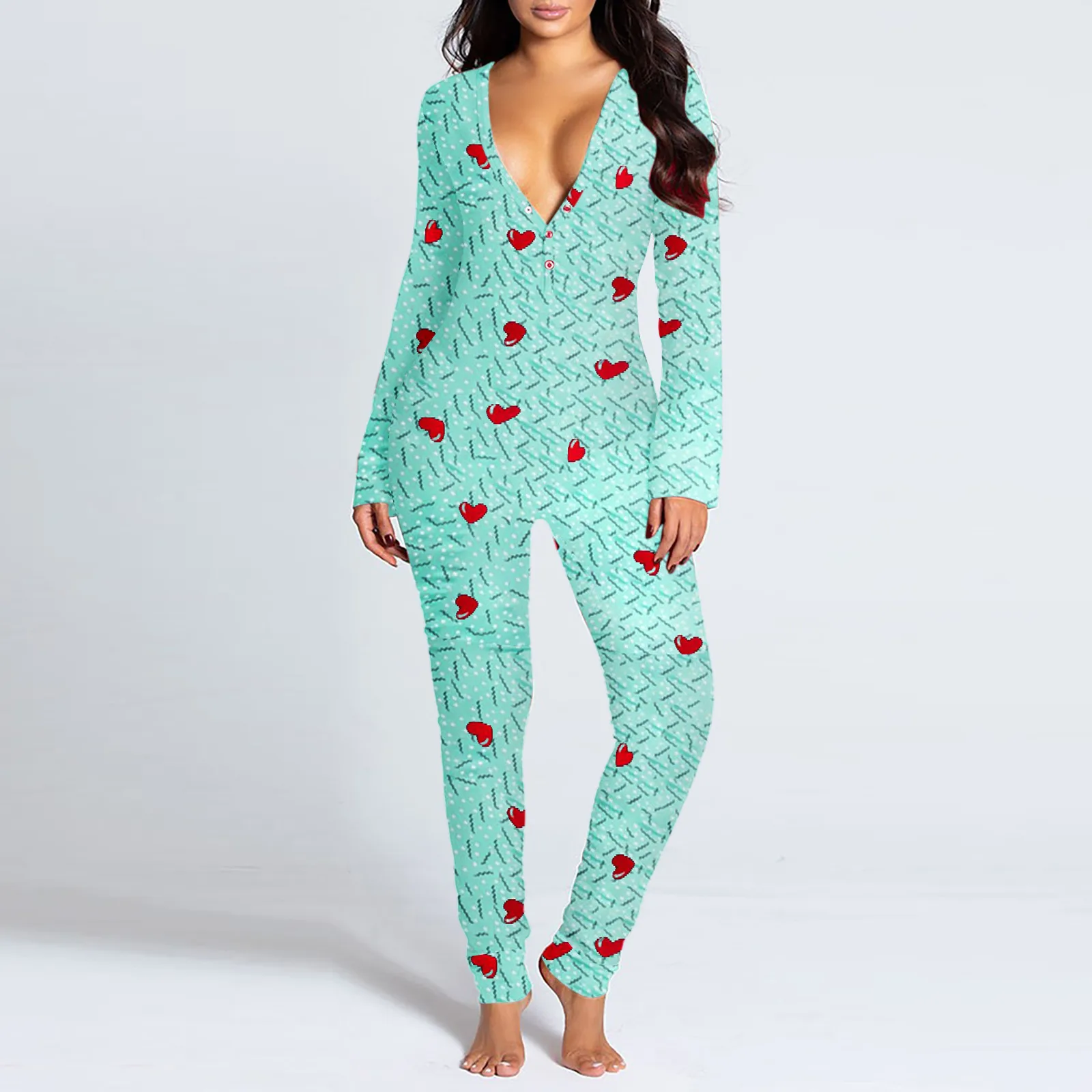 Womens Jumpsuit Button Down Onesies Christmas Love Print Suit Functional Buttoned Flap Adults Jumpsuit Sleepwear Xmas Pyjamas