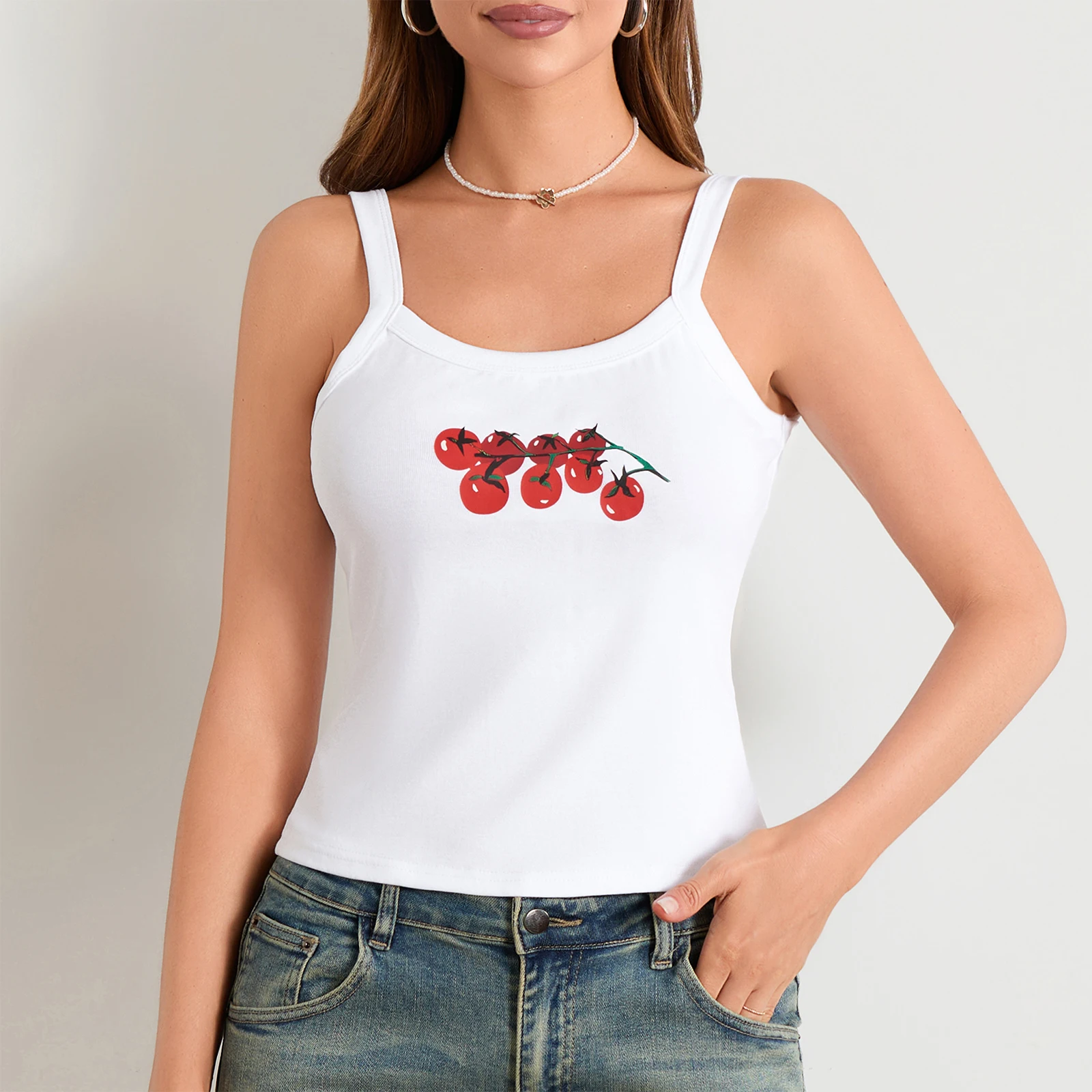 Women's Crop Tank Tops Slim Fit Scoop Neck Sleeveless Bowl Cherry Print Tops for Summer