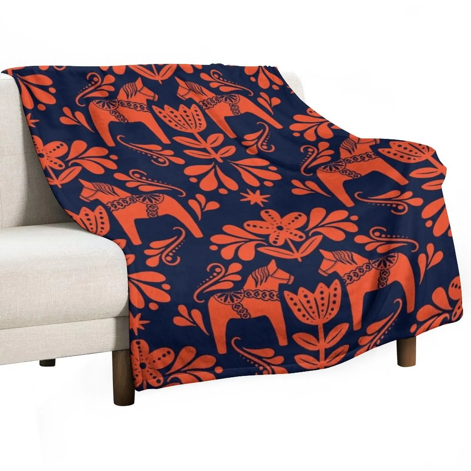 

Folk Art Dala Horse - Navy Blue and Burnt Orange Throw Blanket Furrys Soft Blankets