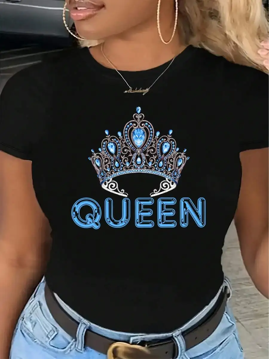 Autumn And Winter Queen Crown Graphic Print T-Shirt - Women's Casual Round Neck Short Sleeve Fashion Top, Comfortable Fit For Spring And Summer