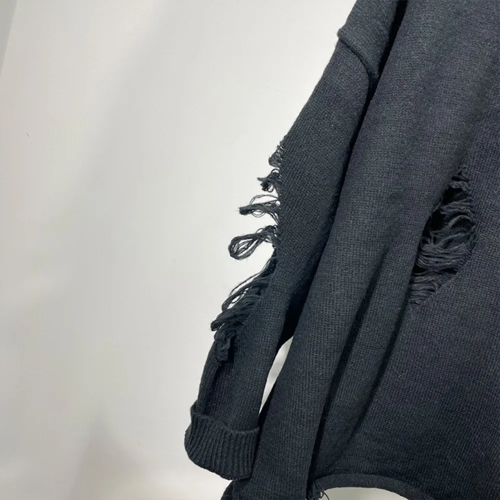 High Street Sweater Dark Style Men's and Women's Loose Sweaters with Holes, Trendy Hip-hop Drop Shoulder Thick Sweater Top