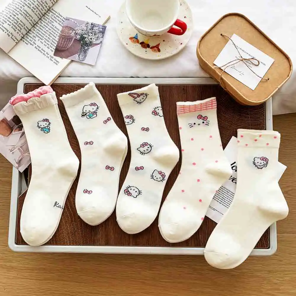 

5 пар носков Y2K Hello Kitty, комплект кавайных белых носков в стиле Лолиты с рюшами, женские милые забавные носки с принтом аниме для девочек