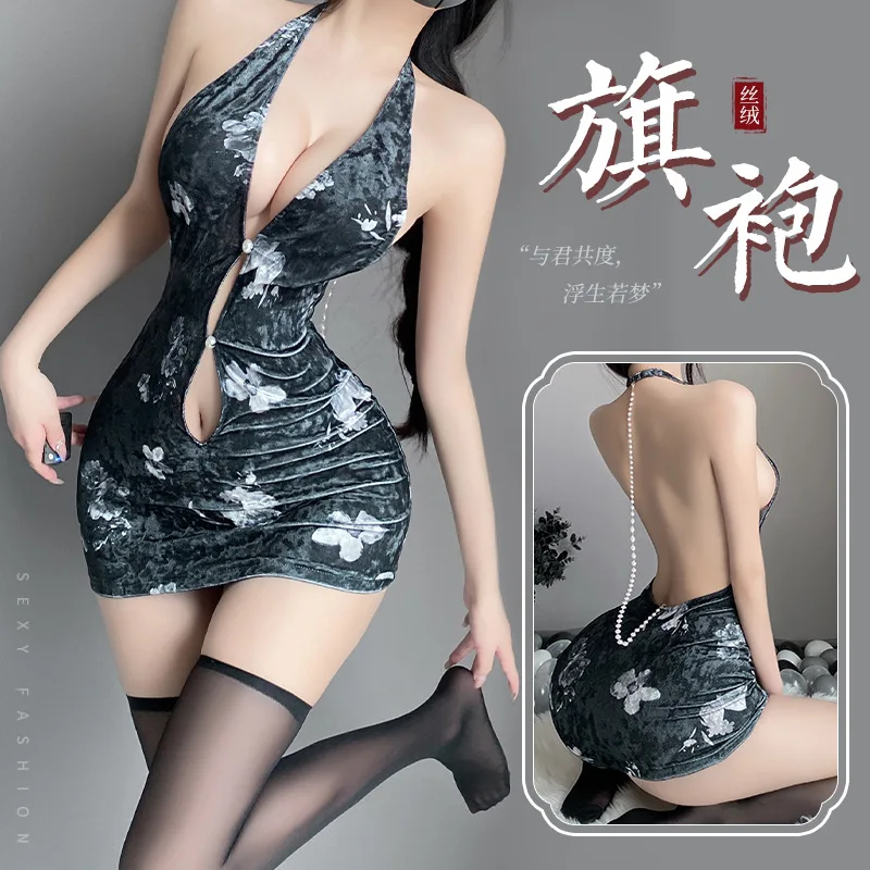 

Sexy Lingerie Halter Cheongsam Cosplay Play Costumes Japanese Anime Hollow Out Charming Backless Design Couple Bedroom Uniform