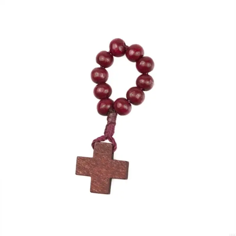 195C Excellent Present Natural Pine Bead Rosary Finger Chain Featuring Crucifix Symbol for Gifts Birthdays Holidays