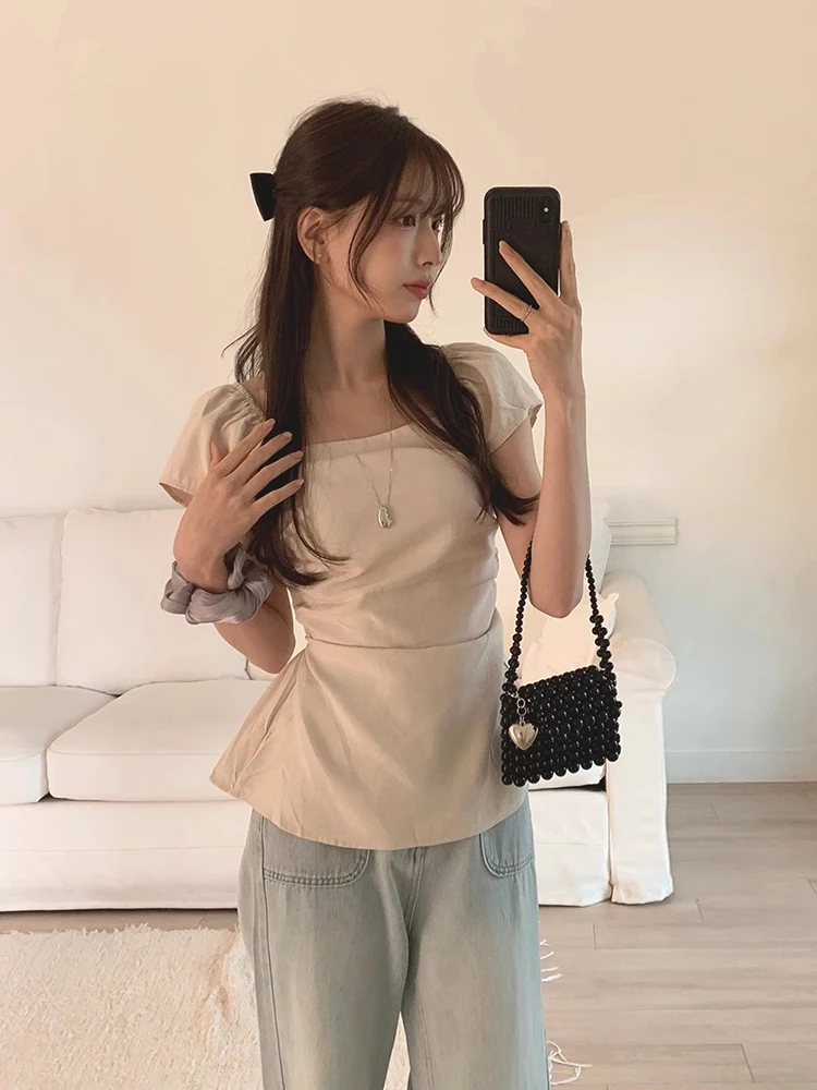 

Sweet Ele Ba Tied Two-Way Wear Small Flng Sve irt Women's Summer New Sle Commute Korean Version Slim Fit irt