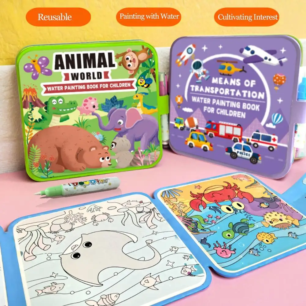 Foldable Water Painting Book For Kids, Reusable Magic Doodle Coloring Pad With Pen, Educational Animal & Sea World Drawing Book