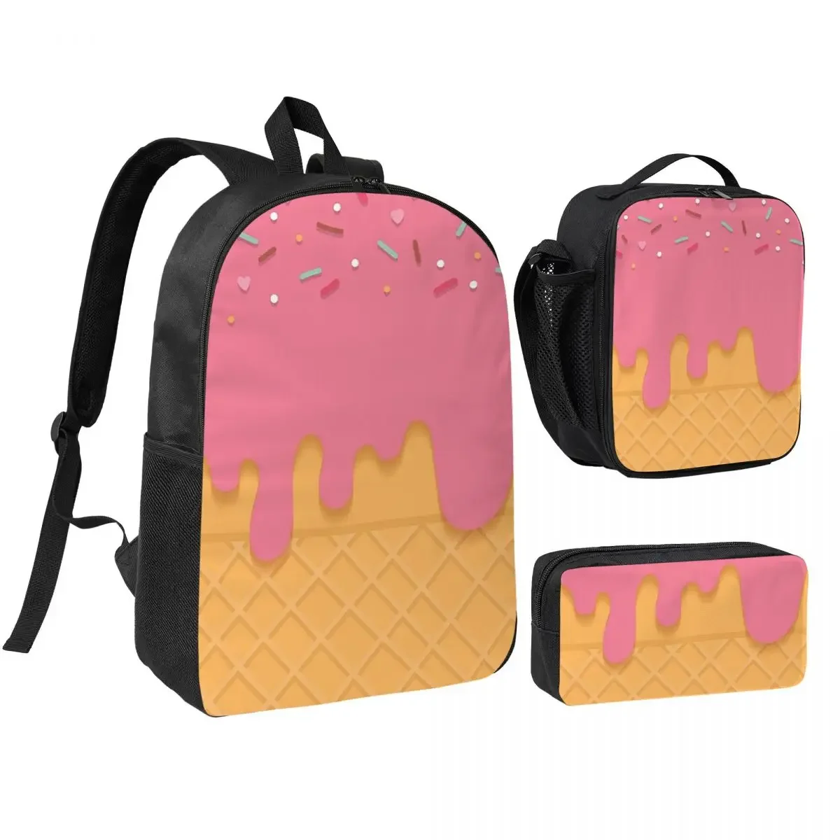 Pink Ice Cream Backpack Boys Girls BookBag School Bag Shoulder Bags 3ps Insulated Lunch Bag Pencil Case