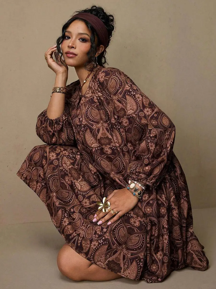 

Bohemian Vintage Brown Paisley Print Dress With 3/4 Sleeve Loose Fit For Women